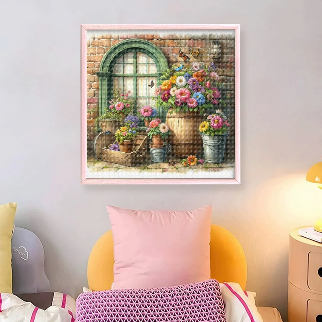 Flowers By The Window Full 11CT DIY Stamped Cross Stitch Kits 40x40cm for Adults