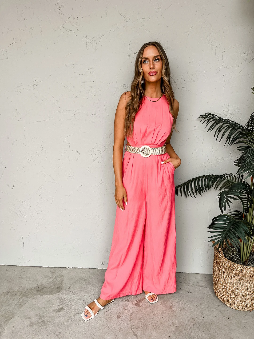 Stunning Ways Belted Jumpsuit-Coral Pink