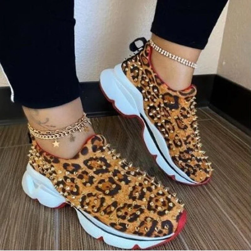 Rivet Flat Sneakers Women Vulcanize Shoes Leopard Wedges Shoes for Woman Sneakers Female Slip-On Casual Sports Shoes Plus Size