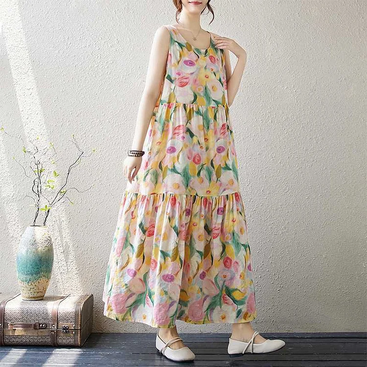 Vintage Printed Sleeveless A-Line Dress