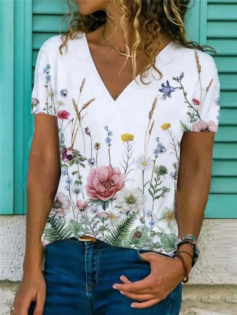 Women's V-neck Short Sleeve Printed Tops