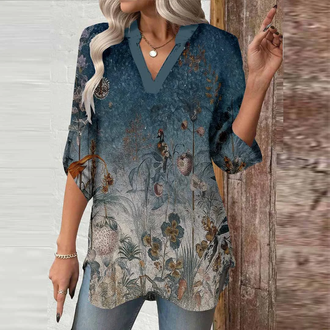 Women Gradient, Blue, Black DZGA0551 3/4 Sleeve V-neck Printed Graphic Button Tops