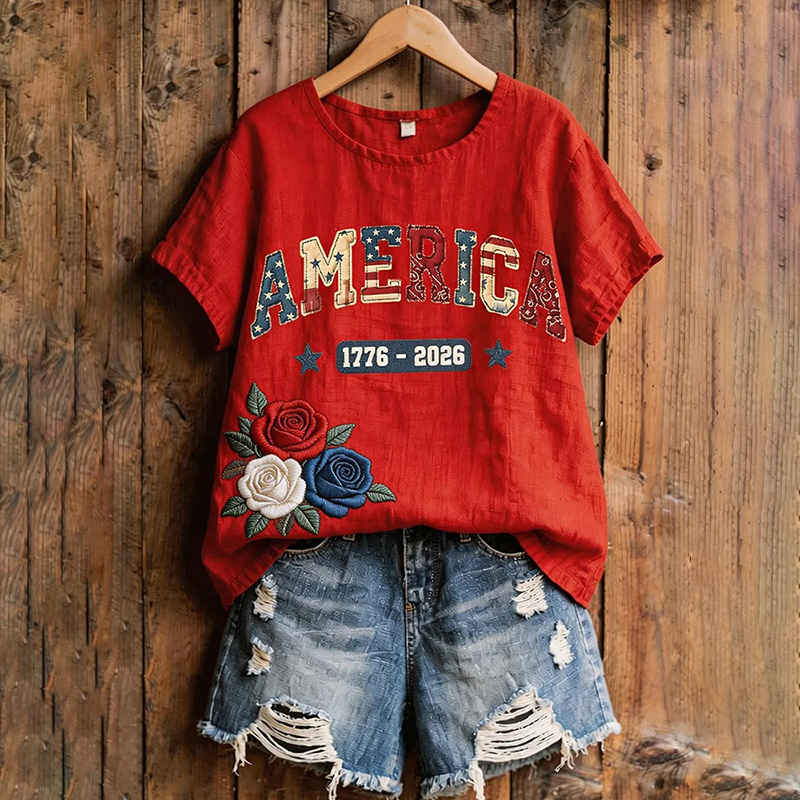  Women's Usa 1976-2026 With Floral Printed Casual T-shirt Westsshops