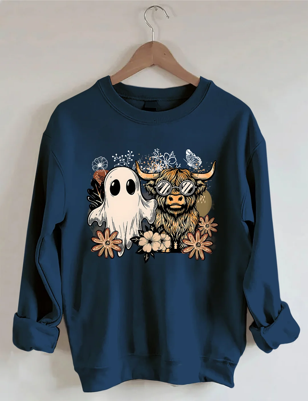 Ghost And Highland Cow With Flowers Sweatshirt