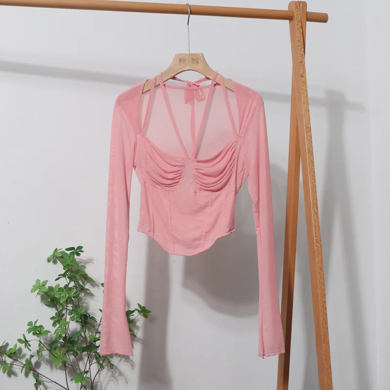 Uveng Sexy Hot Tie Tie With Hanging Neck Long-Sleeved Mesh T-Shirt Repair Short Open Fork Cuff Top 8932