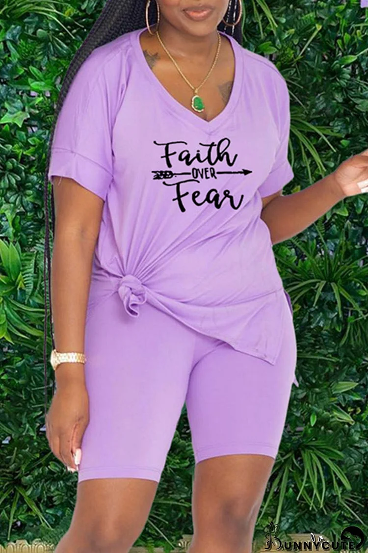 Purple Fashion Casual Print Slit V Neck Short Sleeve Two Pieces