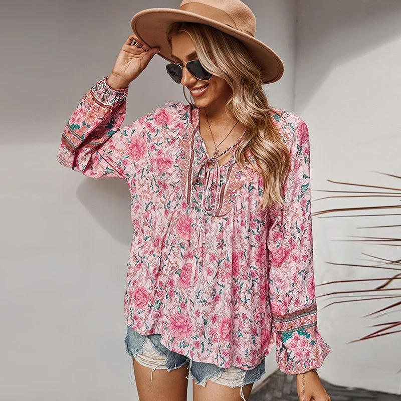 Aachoae Bohemian Floral Print Blouse Women Bow Tie V Neck Retro Shirt Female Loose Casual Long Sleeve Tunic Tops 2021 Blusas