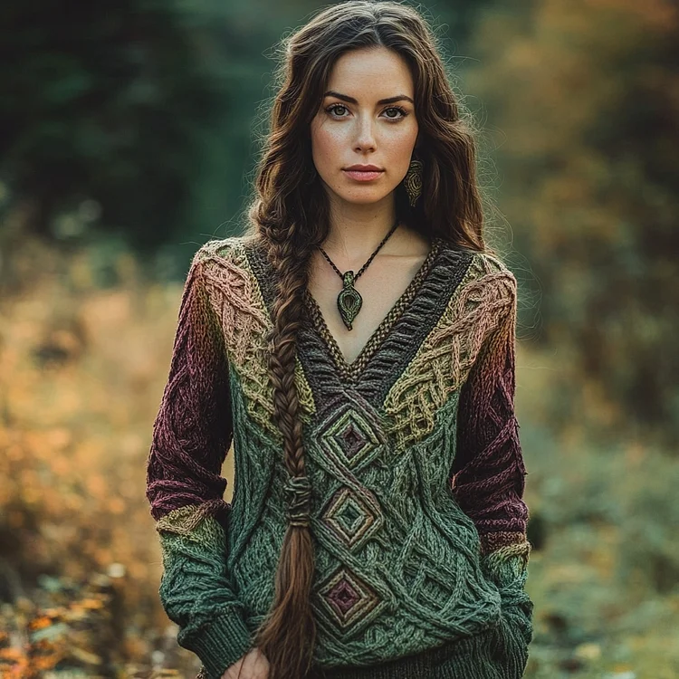 Women's Celtic Knot Design V-neck Forest Gradient Sweater