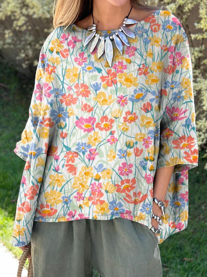 Women's Vintage Floral Art Print Casual Cotton And Linen Shirt