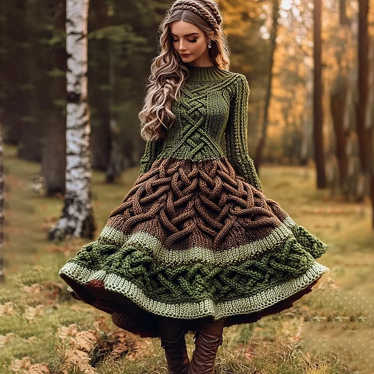 Women's Irish Celtic Knot Color Block Knit Sweater Dress