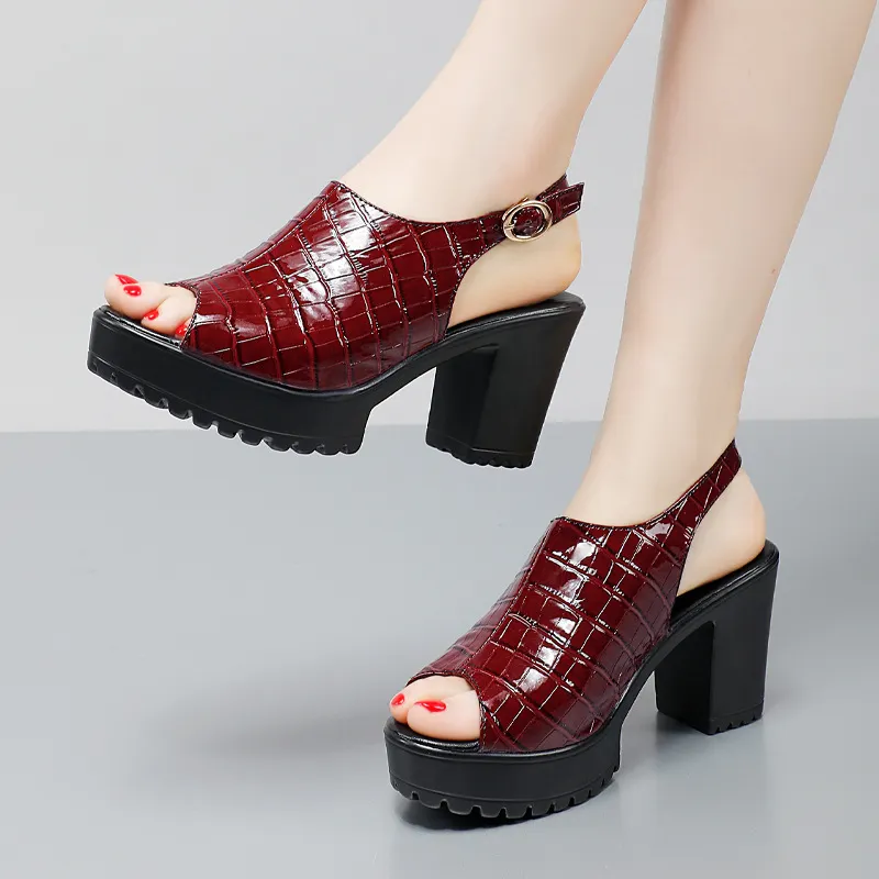 Breakj Breakj Mouth Patent Leather Crocodile High Heel Sandals Summer White Wedding Shoes Waterproof Table Thick Cheongsam Walking Shoes Coarse Heel Women's Shoes