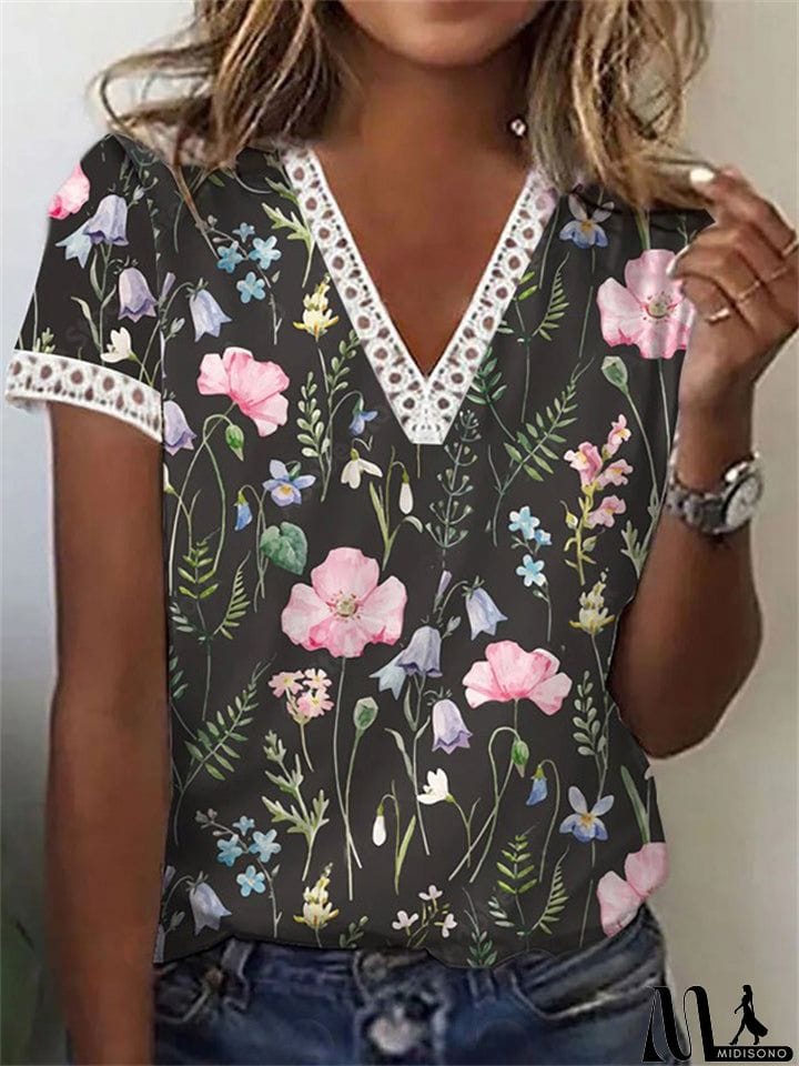 MidiSono - Ladies Fashion V-neck Lace Trim Floral Print Summer T-shirt