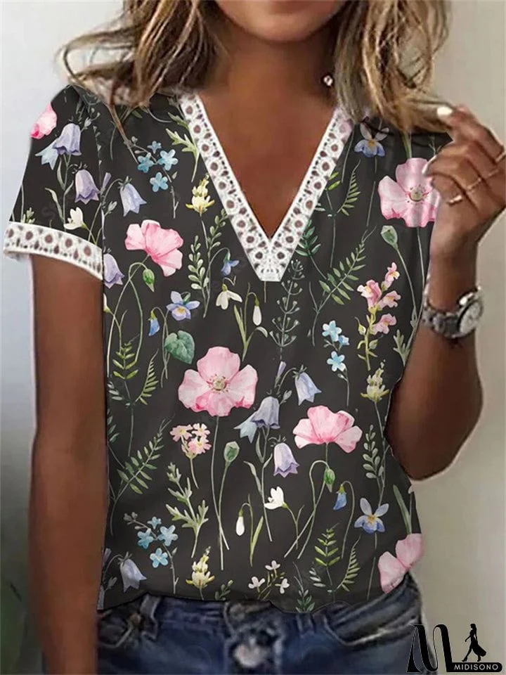 MidiSono - Ladies Fashion V-neck Lace Trim Floral Print Summer T-shirt
