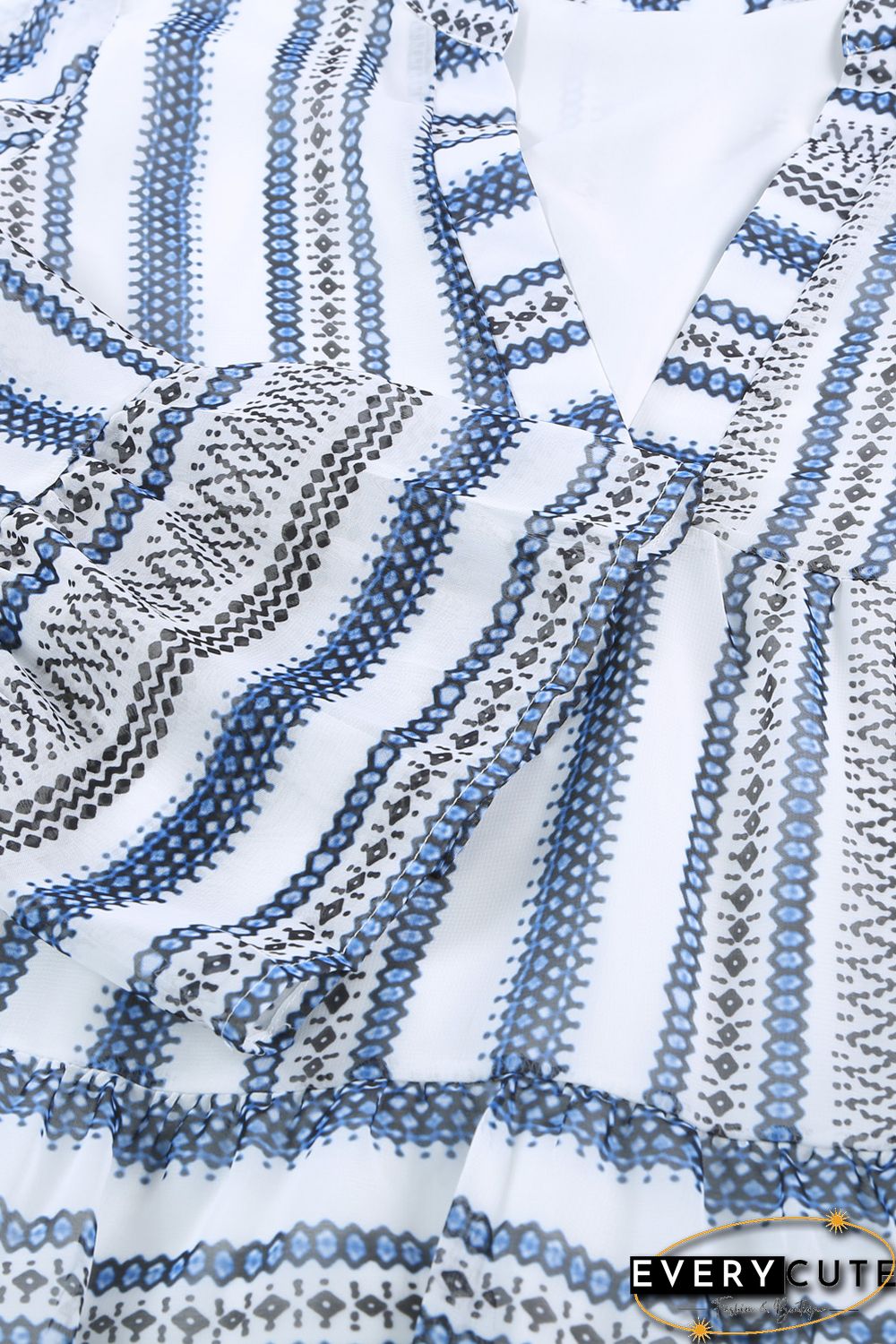 Sky Blue Geometric Print V neck Flare Half Sleeve Ruffle Swing Mini Dress