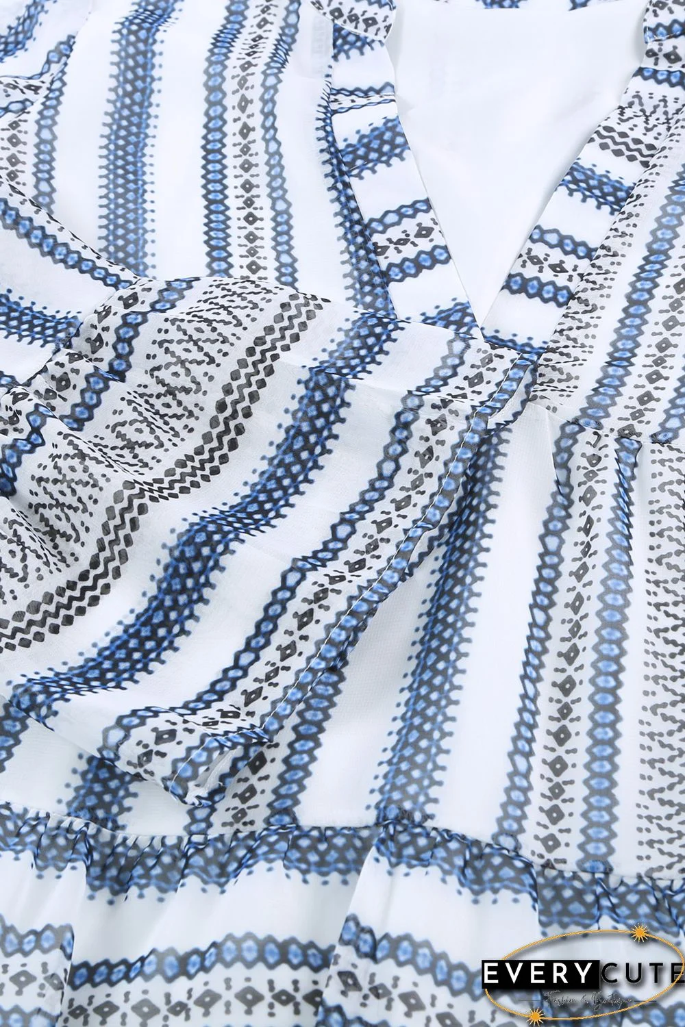 Sky Blue Geometric Print V neck Flare Half Sleeve Ruffle Swing Mini Dress