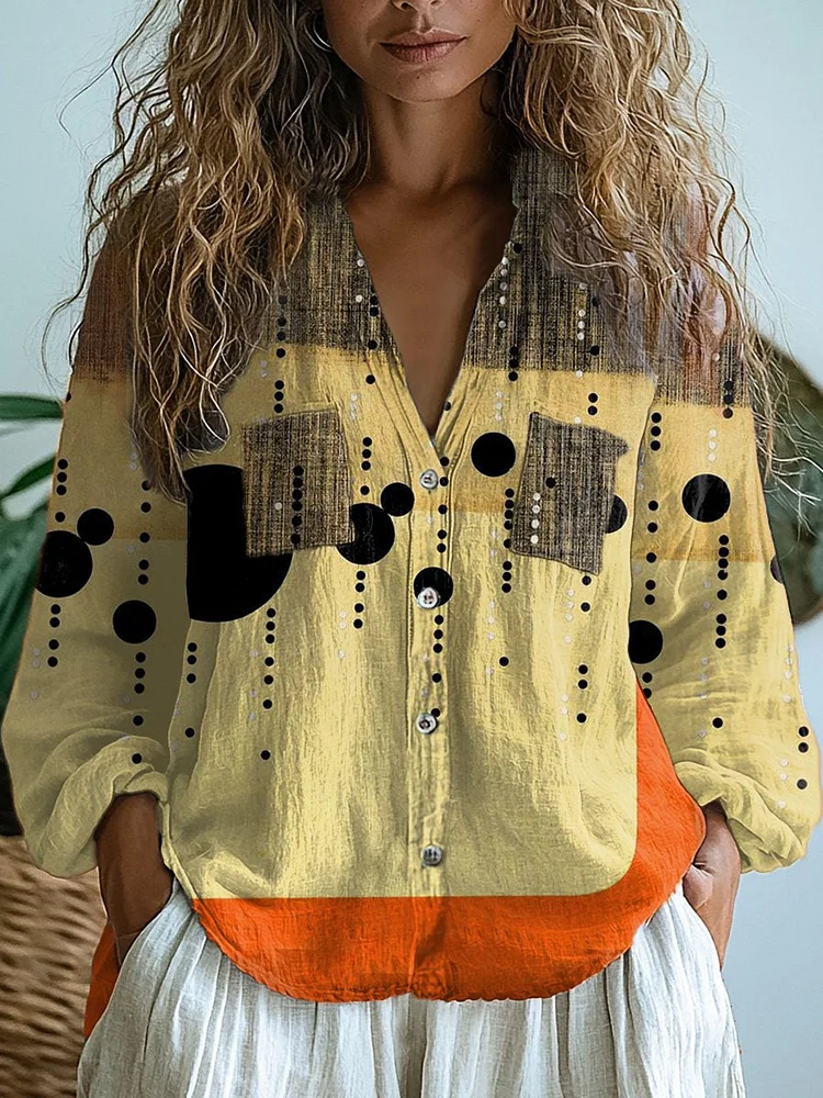 Women's  Retro Geometry Art Print Casual Long Sleeve Comfortable Cotton Shirt