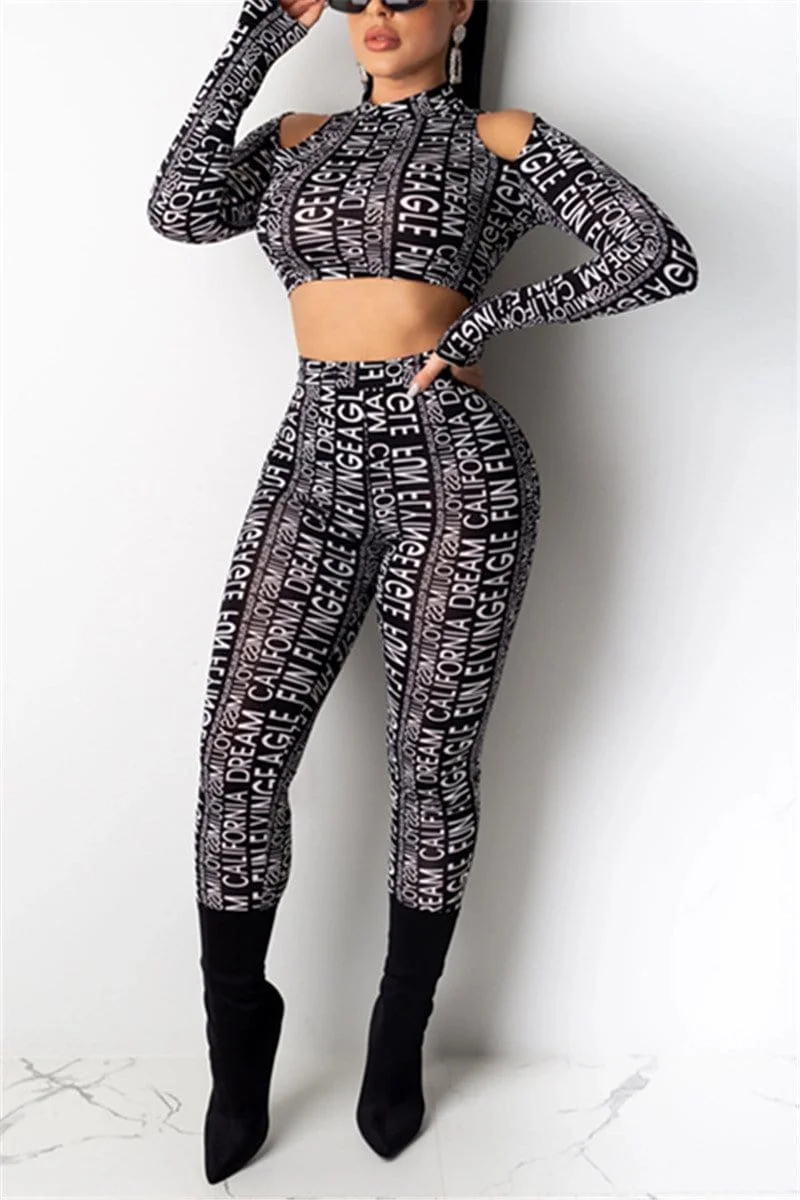 Sexy Letter Print Long Sleeve Two Piece