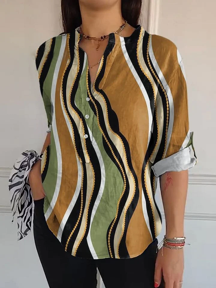 Women's Vintage Ripple Art Print Casual Long Sleeve Comfortable Cotton Shirt