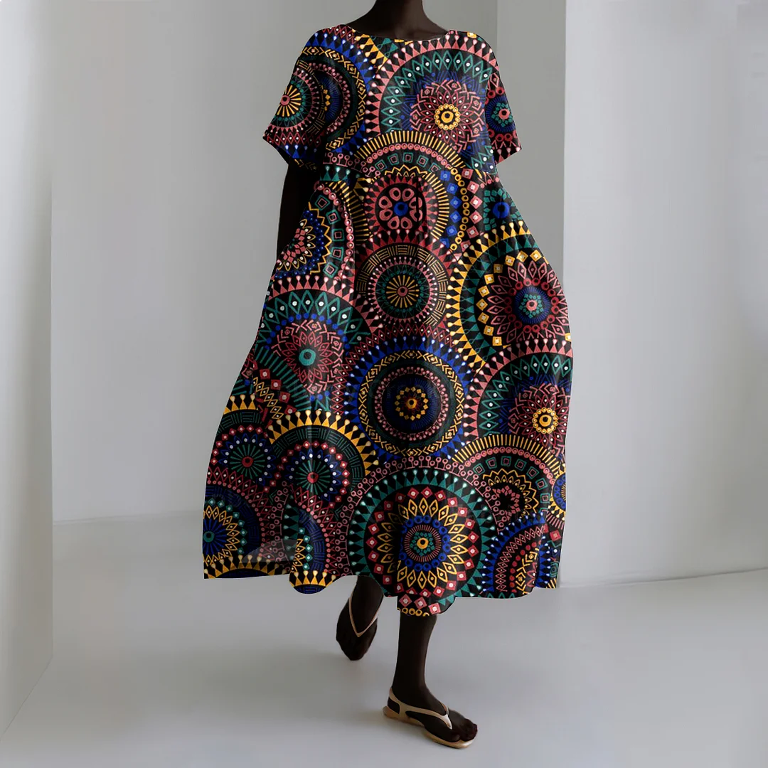 African Geometric Art Print Short Sleeve Midi Dress