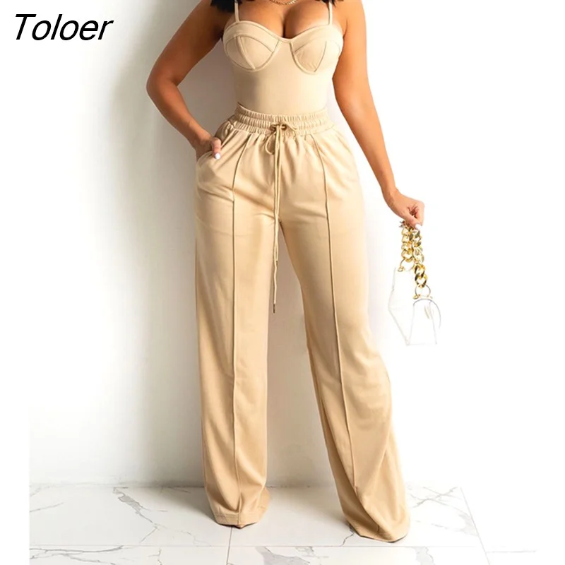 Toloer 2PCS Women Sexy Zipper Back Cami Top Wide Legs Contrast Pipping Long Pants Set Elegant Workwear Casual Two Piece Suits Ropa