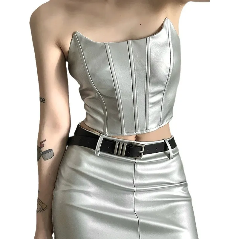 Churchf 2024 Summer New Women's Pure-Colored Breast-Covered Umbilled Vest Bagted Hip Skirt Suit