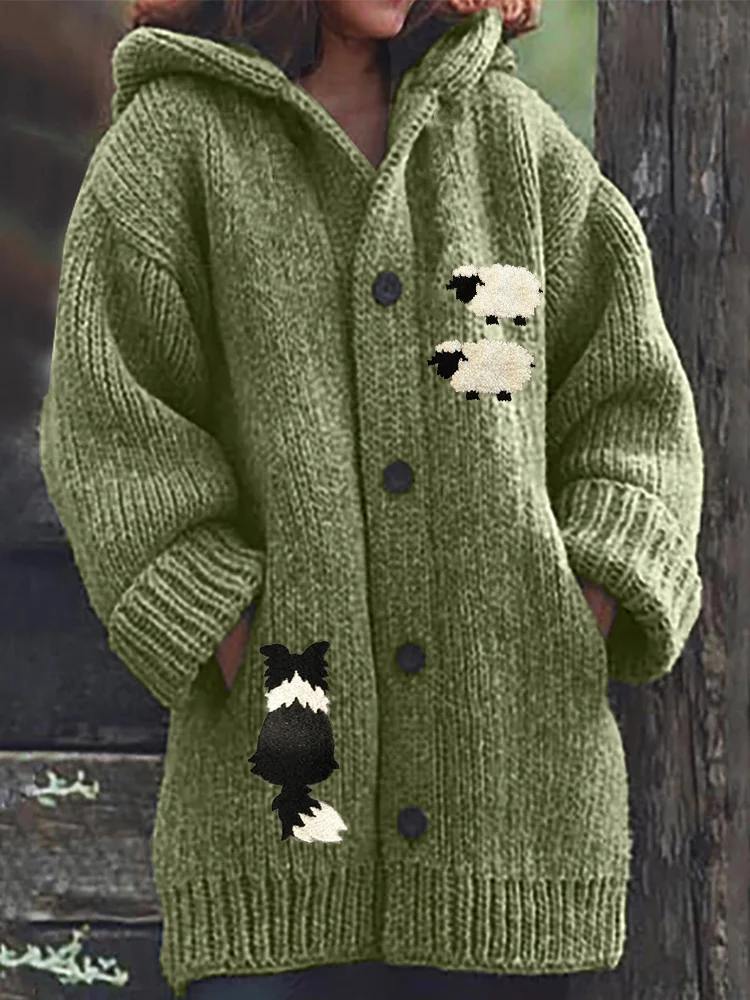 Border Collie & Sheep Embroidered Cozy Knit Hooded Cardigan