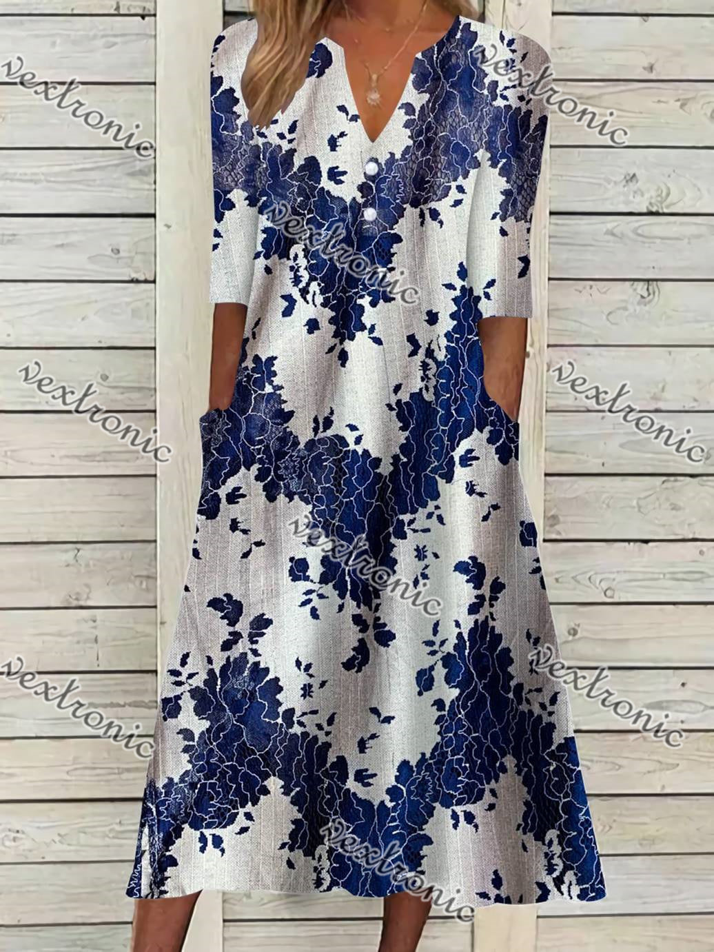 Women's Short Sleeve V-neck Blue Floral Printed Midi Dress