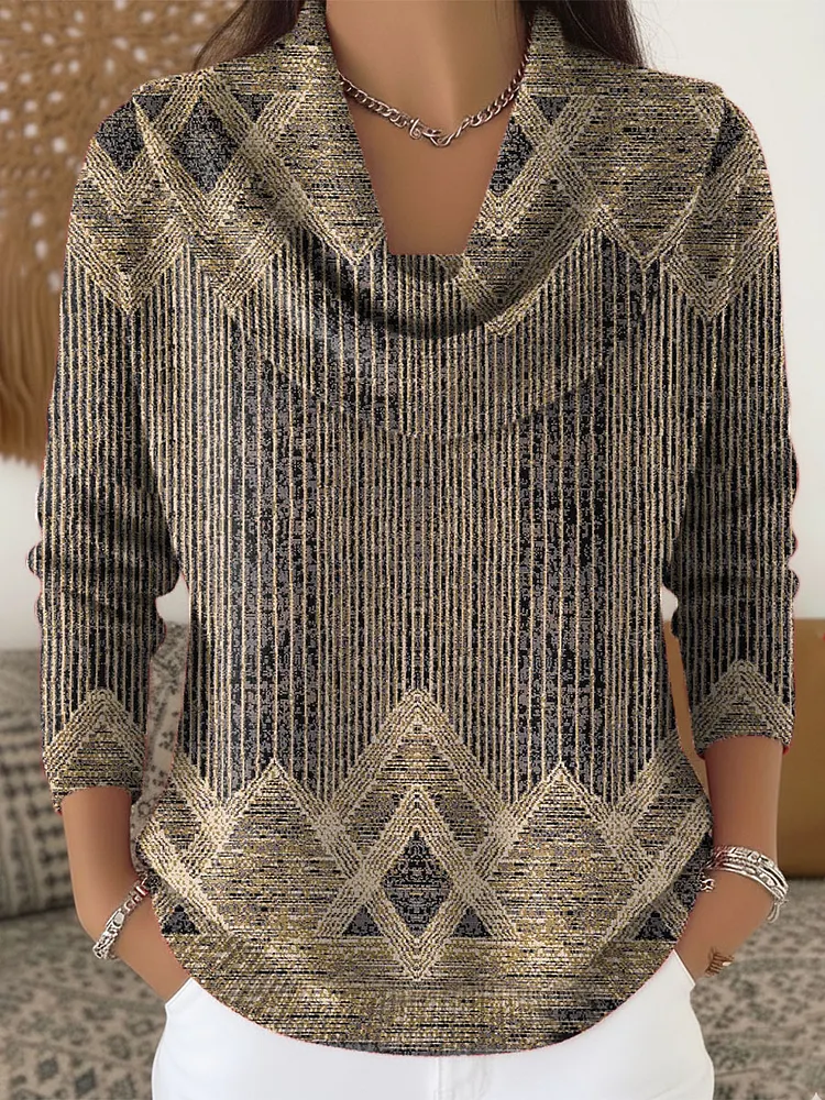 Women's Vintage Abstract Geometric Art Print Cowl Neck Sweater