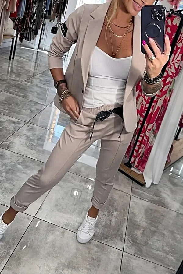 Smart Casual Lapel Blazer and Elastic Waist Tie Pocket Pants Set