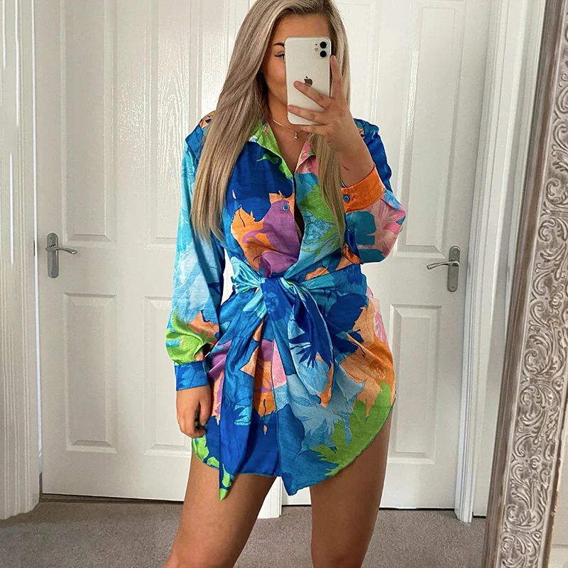 Uveng Uveng Women's Fashion Print Lace-Up Casual Irregular Short Long Sleeve Shirt 661