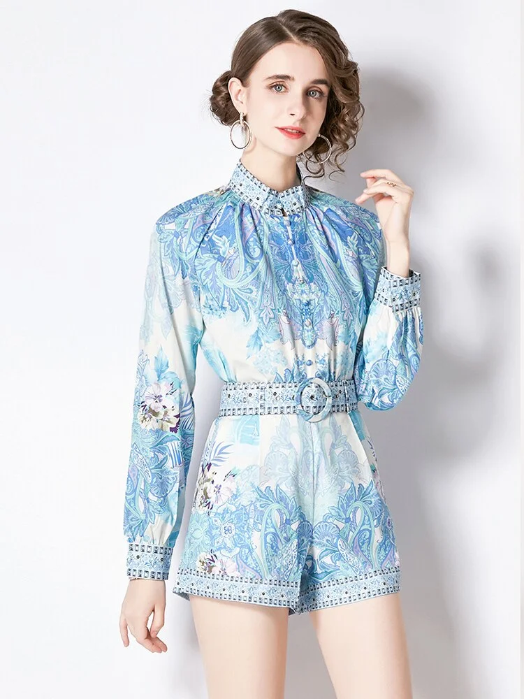 Wongn 2 Piece Shorts Set Women Stand Collar Long Sleeve Single Breasted Print Blouses + Mini Pockets Belt Shorts Suit N2159
