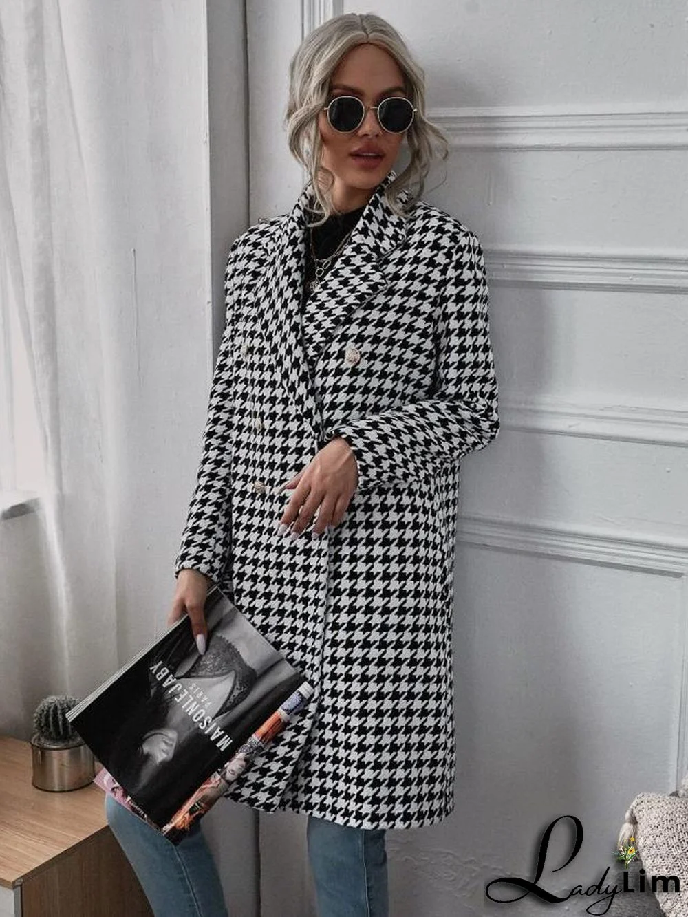 Fall/Winter Fashion Houndstooth Print Long Coat