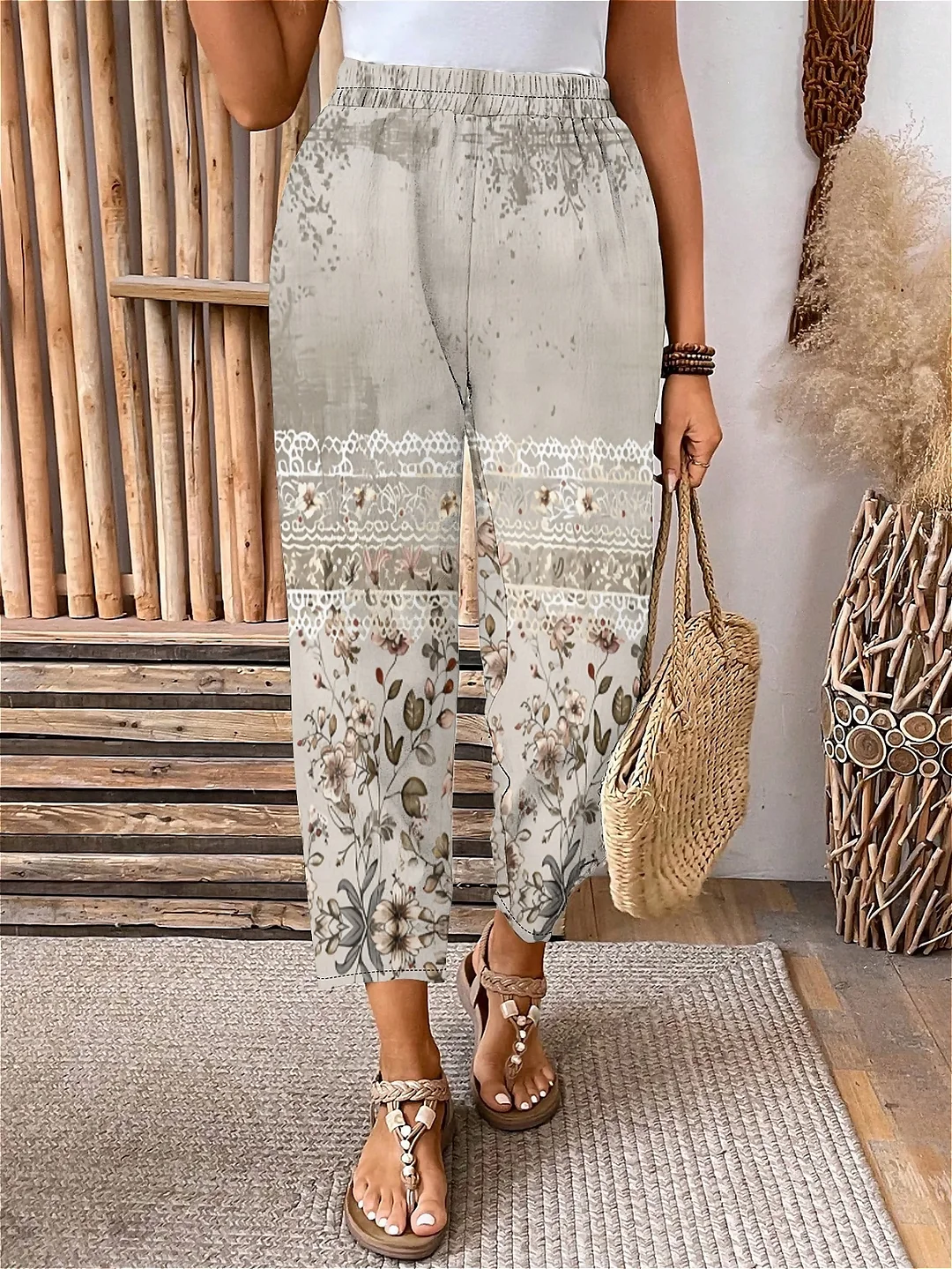 Plus Size Elastic Waist Beige,Floral,Bohemian Printed Pants