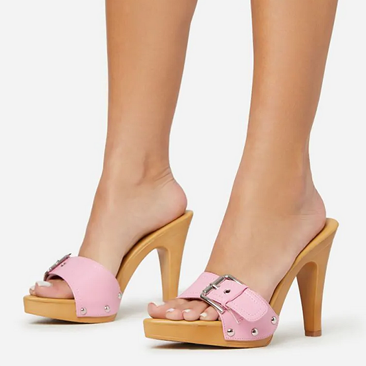 Women's Pink Pointed Toe Heeled Clogs Vintage Buckled Platform Mules |FSJ Shoes