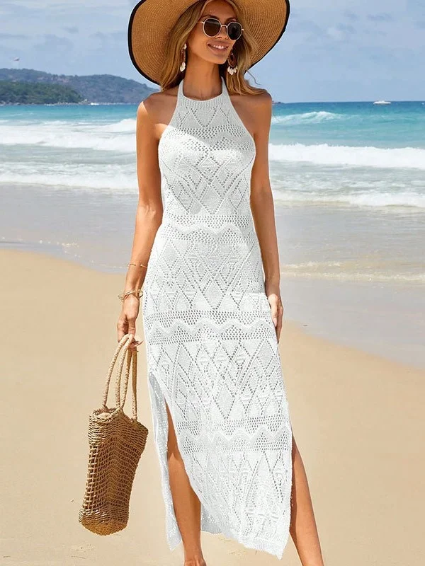 Athvotar Athvotar Beach Dress Hollow Knitted Neck Sling Sexy Bare Back Fork Long Tie-Shirt Woman