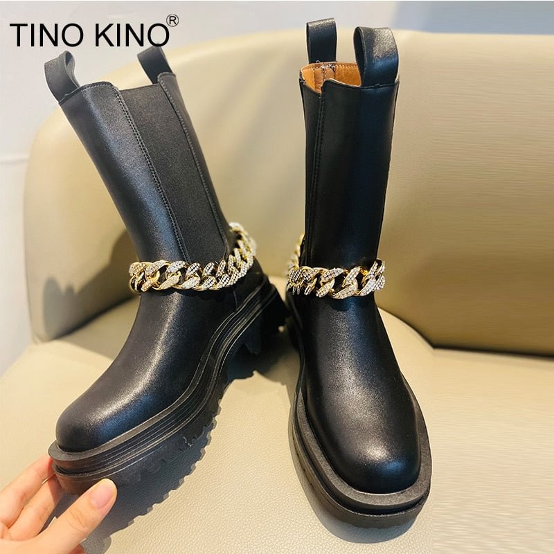 Women's Short Boots Black Removable Metal Chain Fashion Woman Ankle Boot Shoes Leather Platform Luxury Chelsea Boot Winter 2021