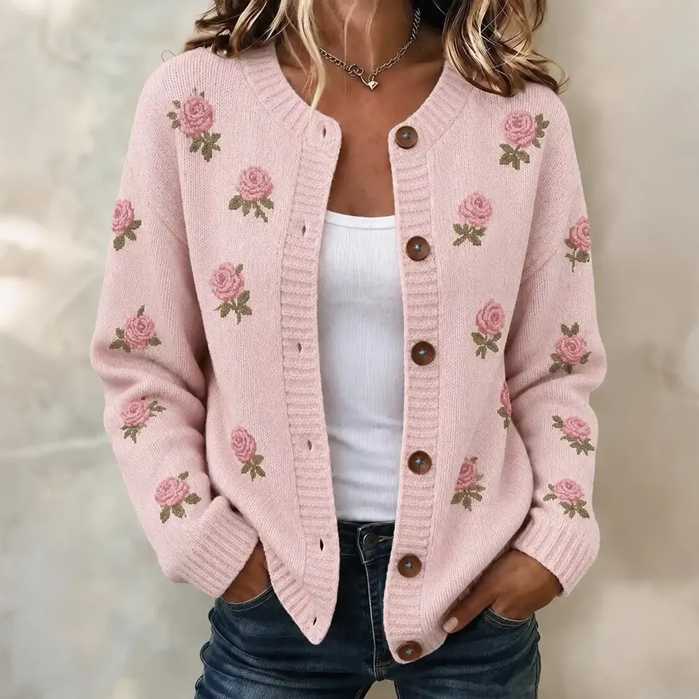 Comstylish Women's Vintage Pink Rose Print Long Sleeve Knit Cardigan