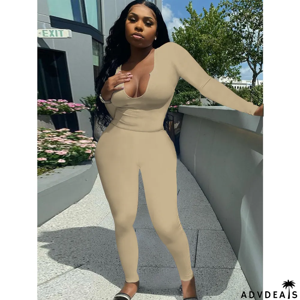 Solid Long Sleeve Stretchy Slim Two Piece Pants Set