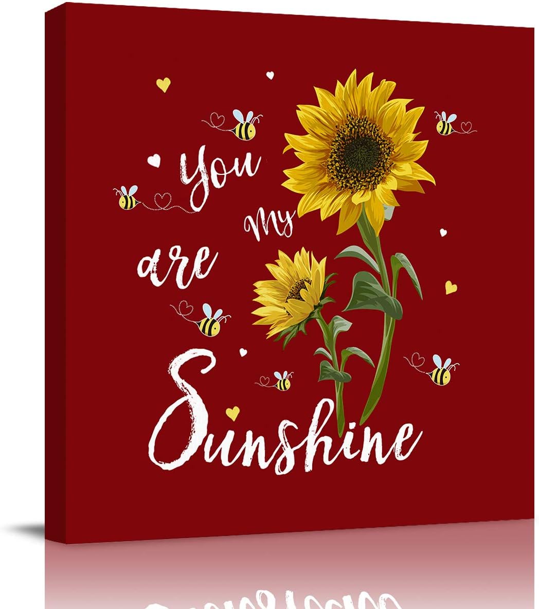 DoremiHome Sunflowers Artwork Painting on Canvas, Decorative Wall Art Canvas Prints for Living Room Bedroom Bathroom Wall Decor 8x8 inch, Bees You are My Sunshine Red 8x8 inch