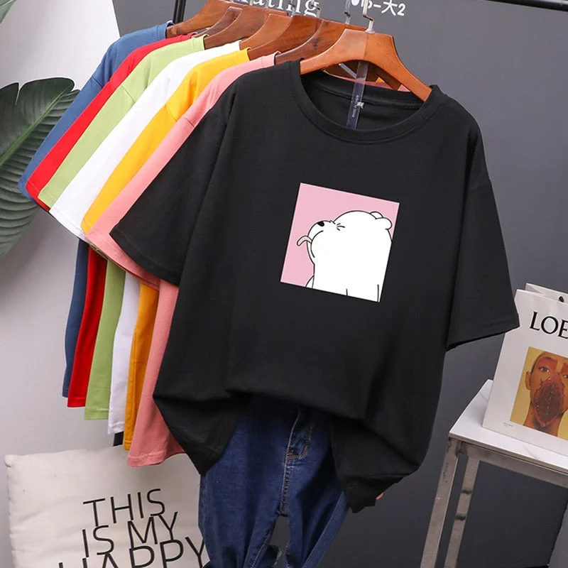 Hirsionsan Cute Bear Printed T Shirt Women 2020 New Harajuku Korean Oversized 100% Cotton Summer Tees Ins Soft Female Jumper Top
