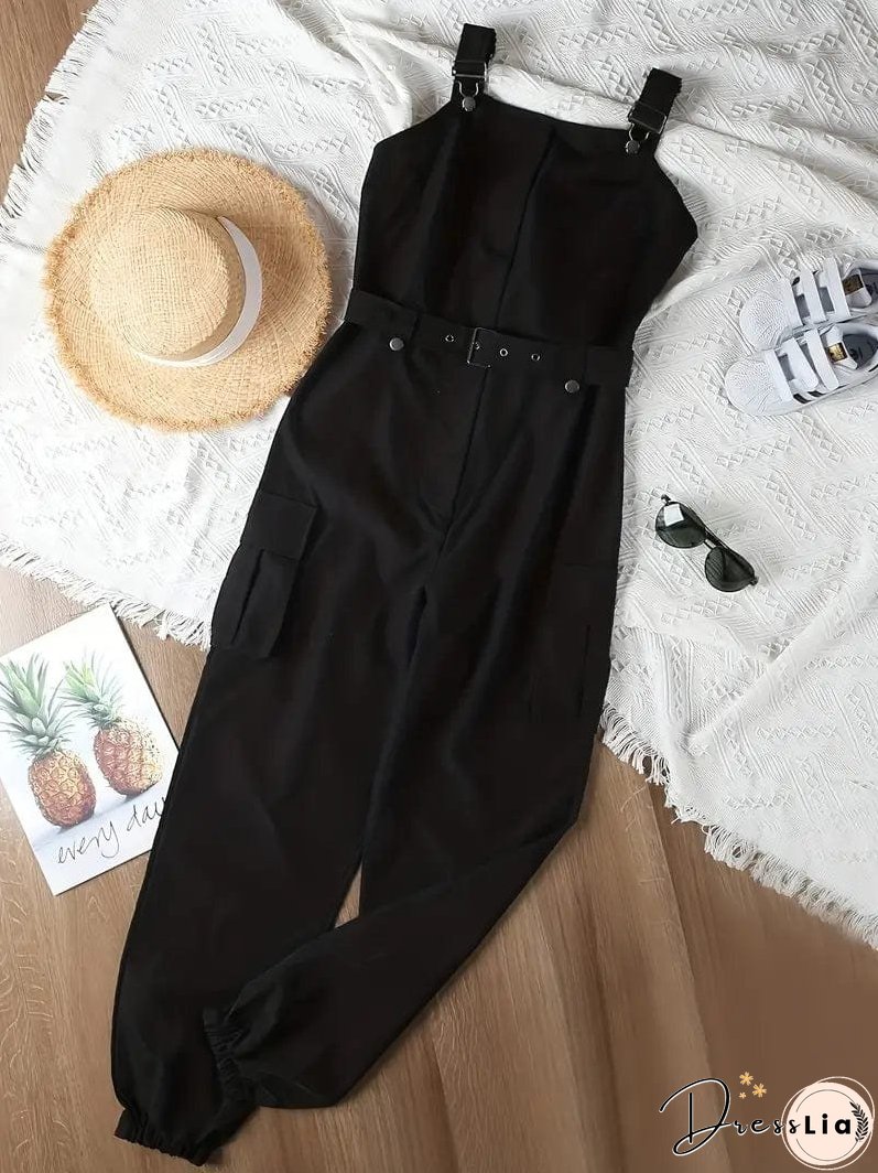 Casual Solid Color Belted Flap Pockets Jumpsuit