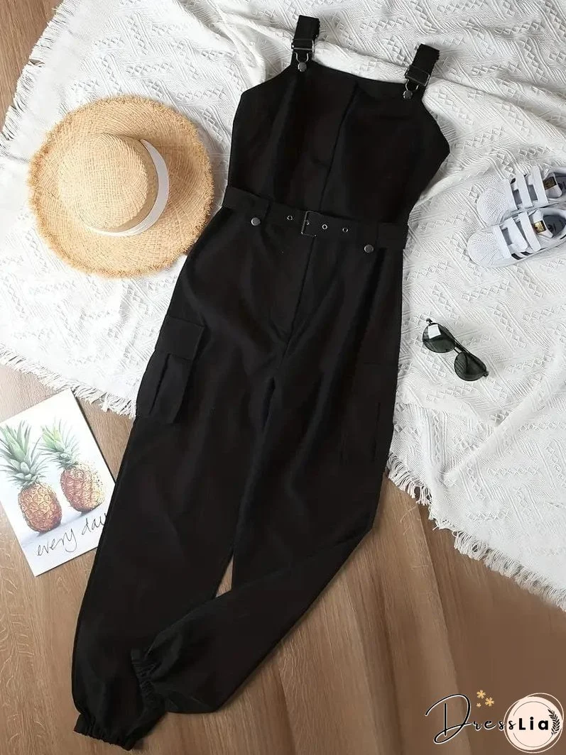 Casual Solid Color Belted Flap Pockets Jumpsuit
