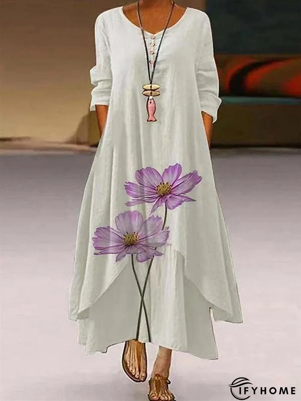 Women's Long Dress Maxi Dress Casual Dress Swing Dress Print Dress Animal Flower Casual Outdoor Daily Weekend Pocket Print Long Sleeve V Neck Dress Loose Fit Light Green Pink Purple Fall Spring S M L | IFYHOME