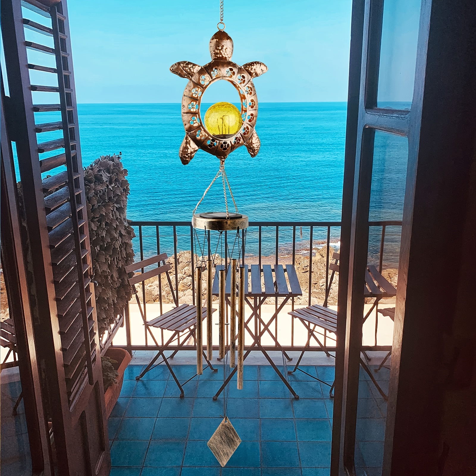 Tegooe Tegooe Solar Turtle Wind Chime with Cracked Glass Ball LED Light Outdoor Waterproof Hanging Garden Decoration