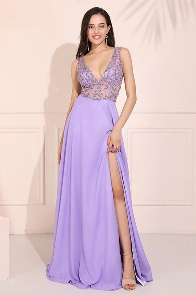 Luluslly Lilac V-Neck Sleeveless Long Evening Dress Split With Beadings
