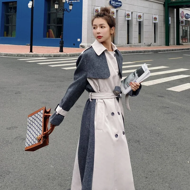 Brand New Double-Breasted Long Trench Coat with Belt Lady Duster Coat Spring Fall Outerwear Female Clothes Warm Thick Patchwork
