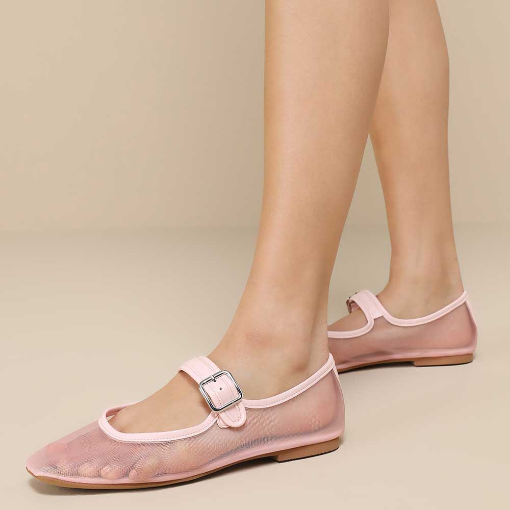 Pink Mesh Sophisticated Metallic Buckle Fastening Strap Mary Janes Nicepairs