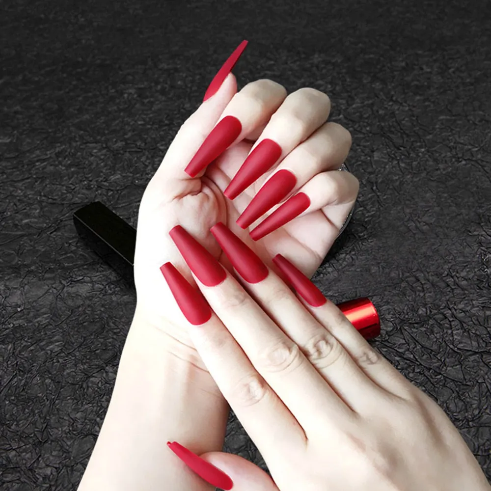 24Pcs Detachable False Nails Long Ballerina Artificial Fake Nails Full Cover Jelly Red Coffin Nail Tips DIY Manicure Tool 515-1-Nail Inspo