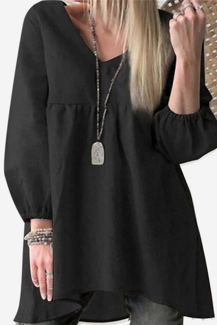 Linen V Neck Long Bell Sleeve Loose Fit Wide Hem Casual Top