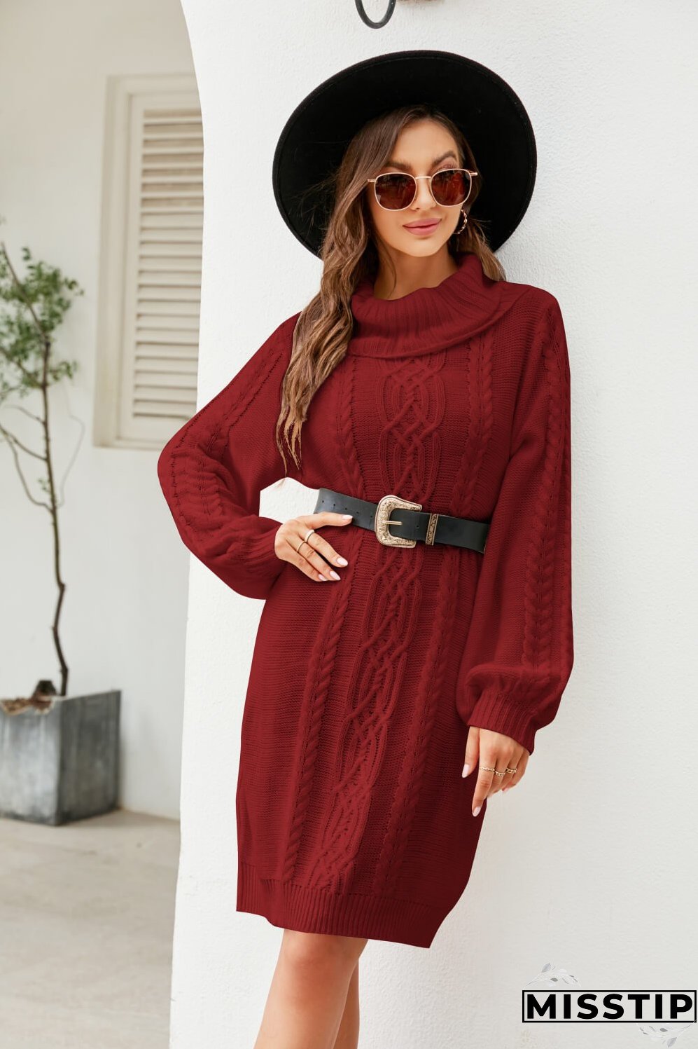 Woven Right Mixed Knit Turtleneck Lantern Sleeve Sweater Dress